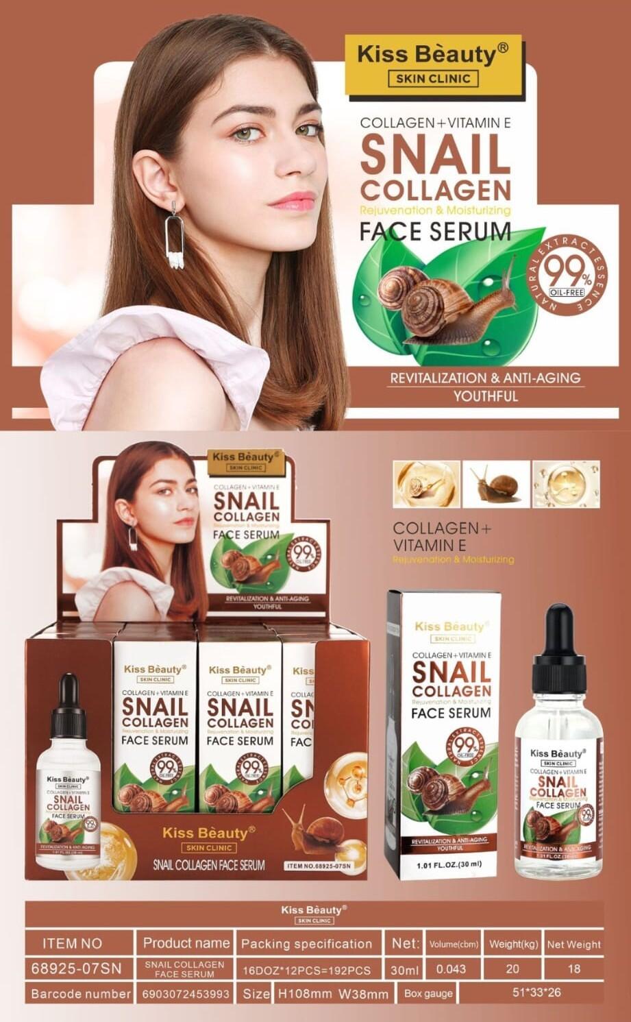 Sérum Facial Colágeno + Vitamina E + Caracol 30ML KISS BEAUTY – Rejuvenecimiento y Luminosidad Intensiva