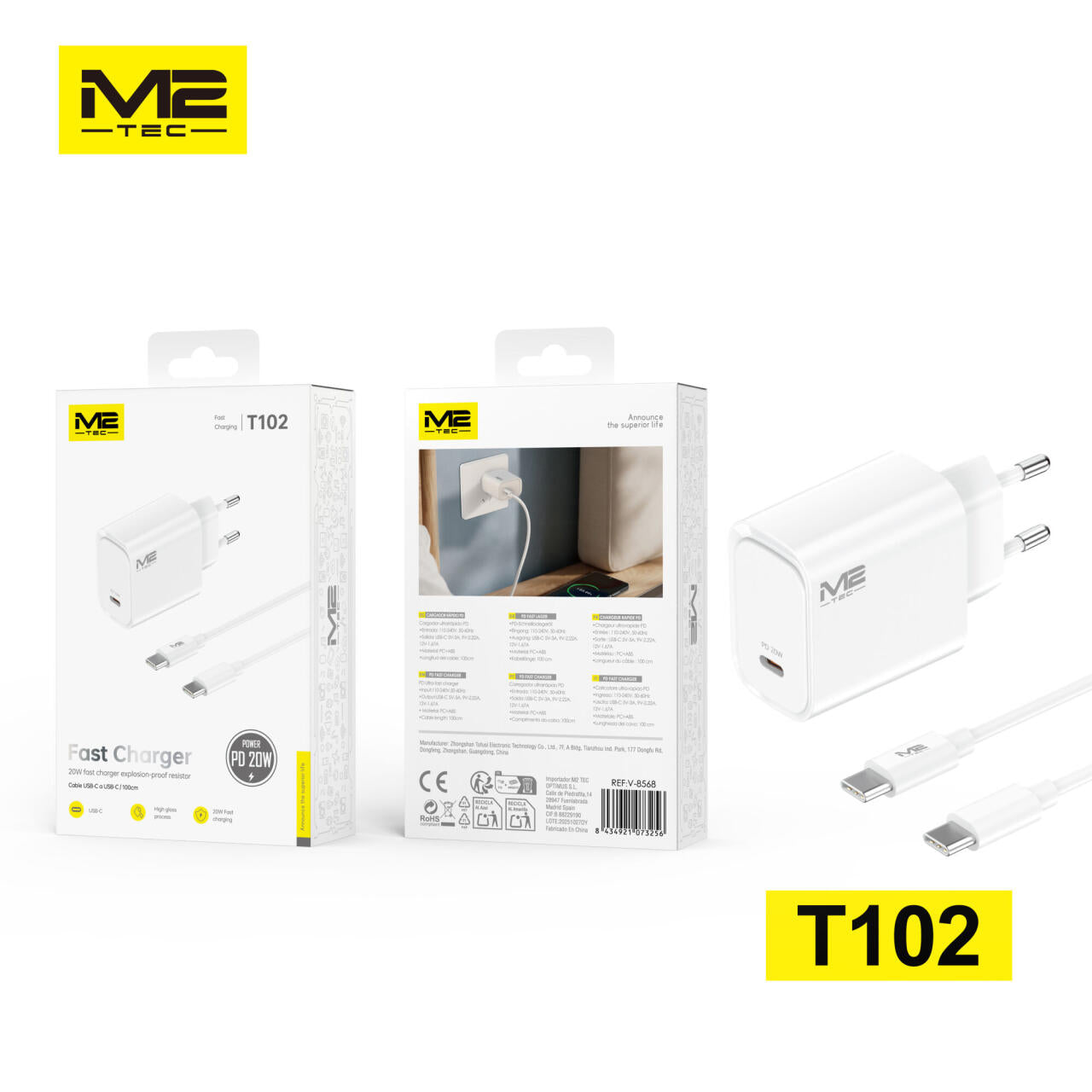 Cargador USB-C, 20 W, con cable USB-C a USB-C 100CM, M2TECH