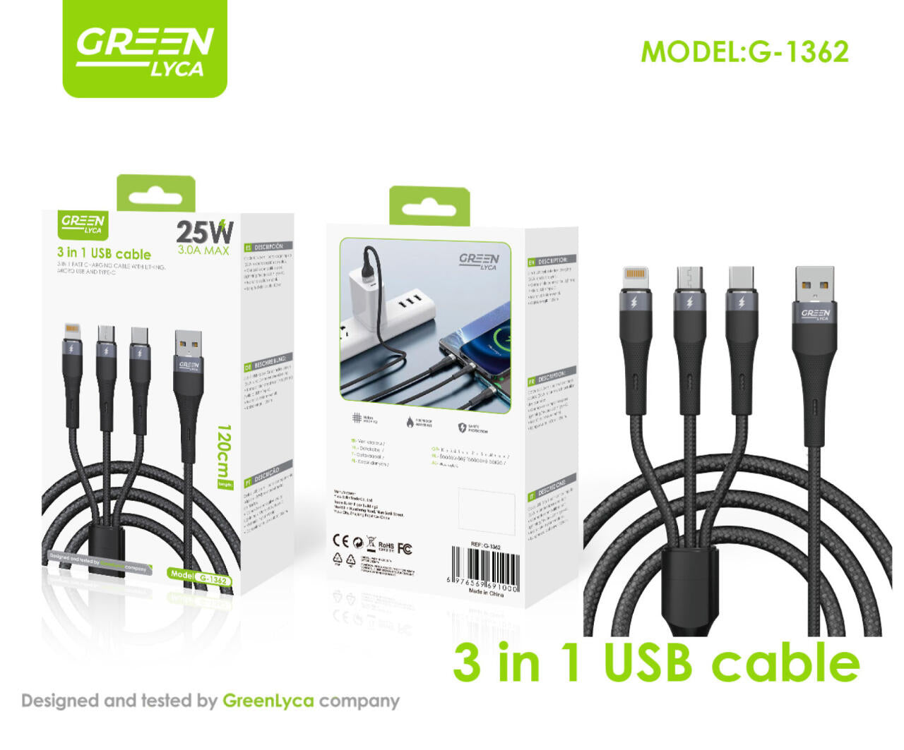 Cable 3 en 1, de A, microUSB, Lightning, Tipo C, Green Lyca G-1362