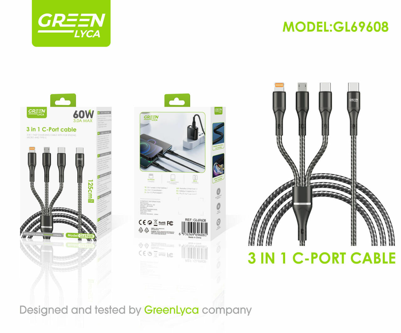 Cable de Carga Rápida 3 en 1 USB-C (60W, 1.25m)