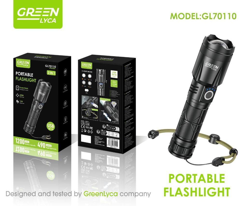 Linterna portátil, zoom telescópico, 490 lúmenes, 15 W, 1200 mAh, Green Lyca, GL70110.