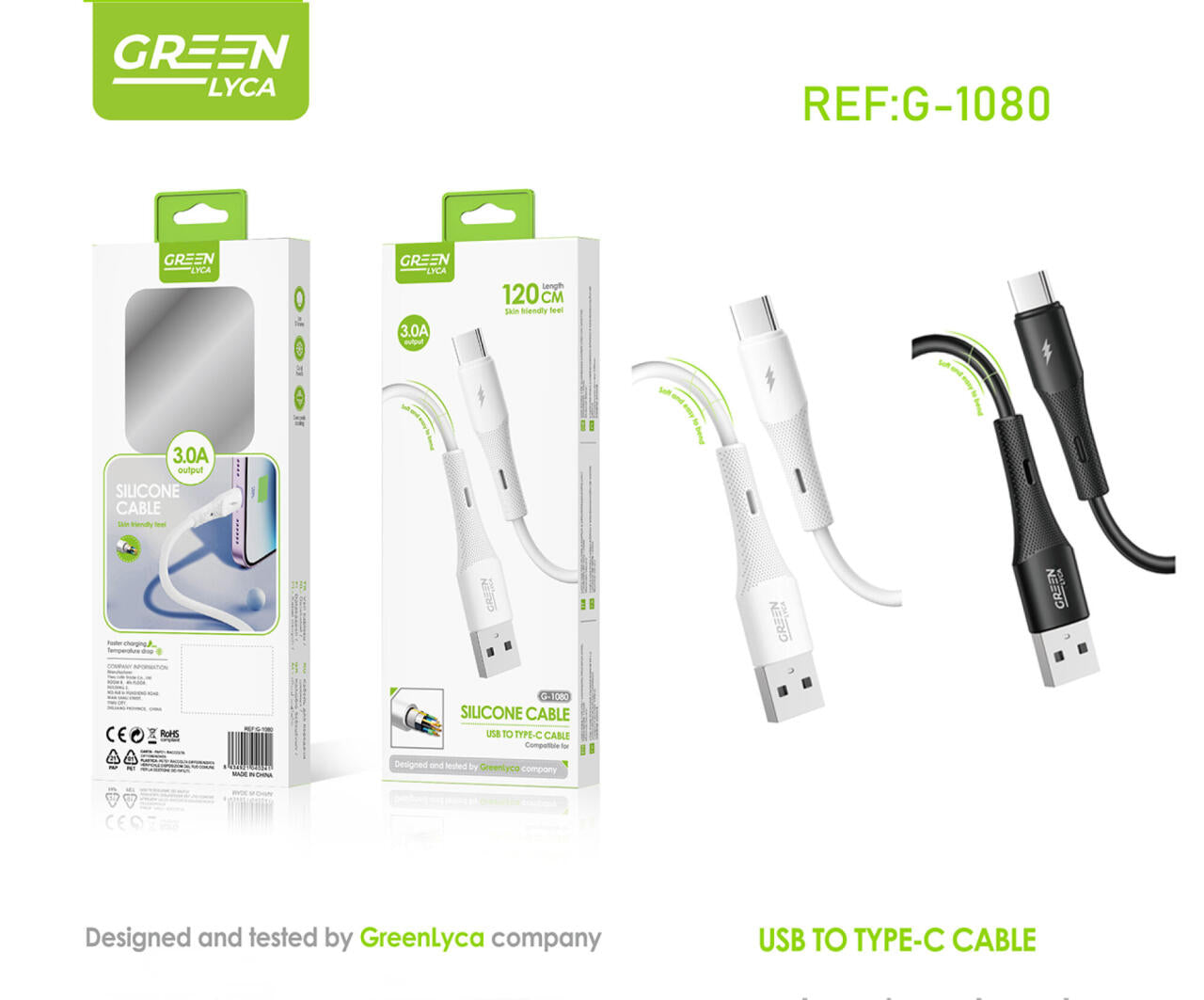 Cable de Silicona USB-A a USB-C de 3A, 120 cm Green Lyca G-1080