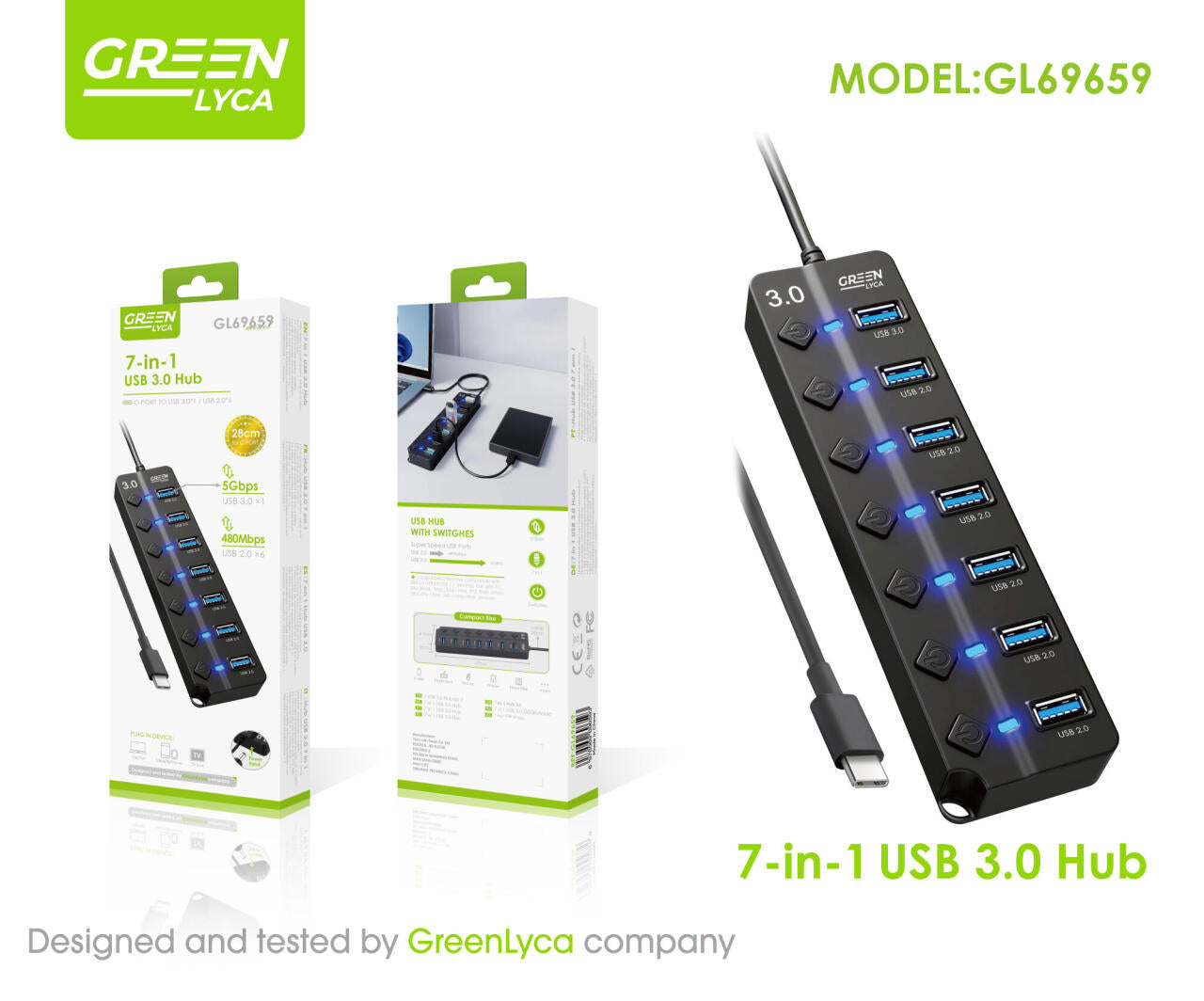 Tipo-C HUB 7 EN 1/ CON INTERRUCTORES ON/OFF, USB 3.0 X1, UBS 2.2 X6, Green Lyca gl69659