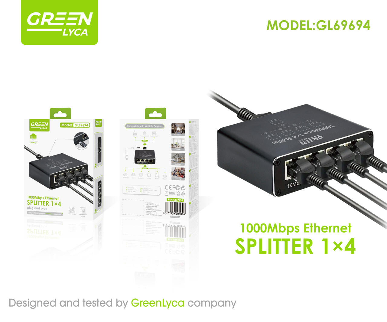 Divisor Gigabit Ethernet 1 a 4, 1000Mbps RJ45 LAN Divisor de Internet para computadora/Hub/Switch/Router/Set-Top Box, GL69694