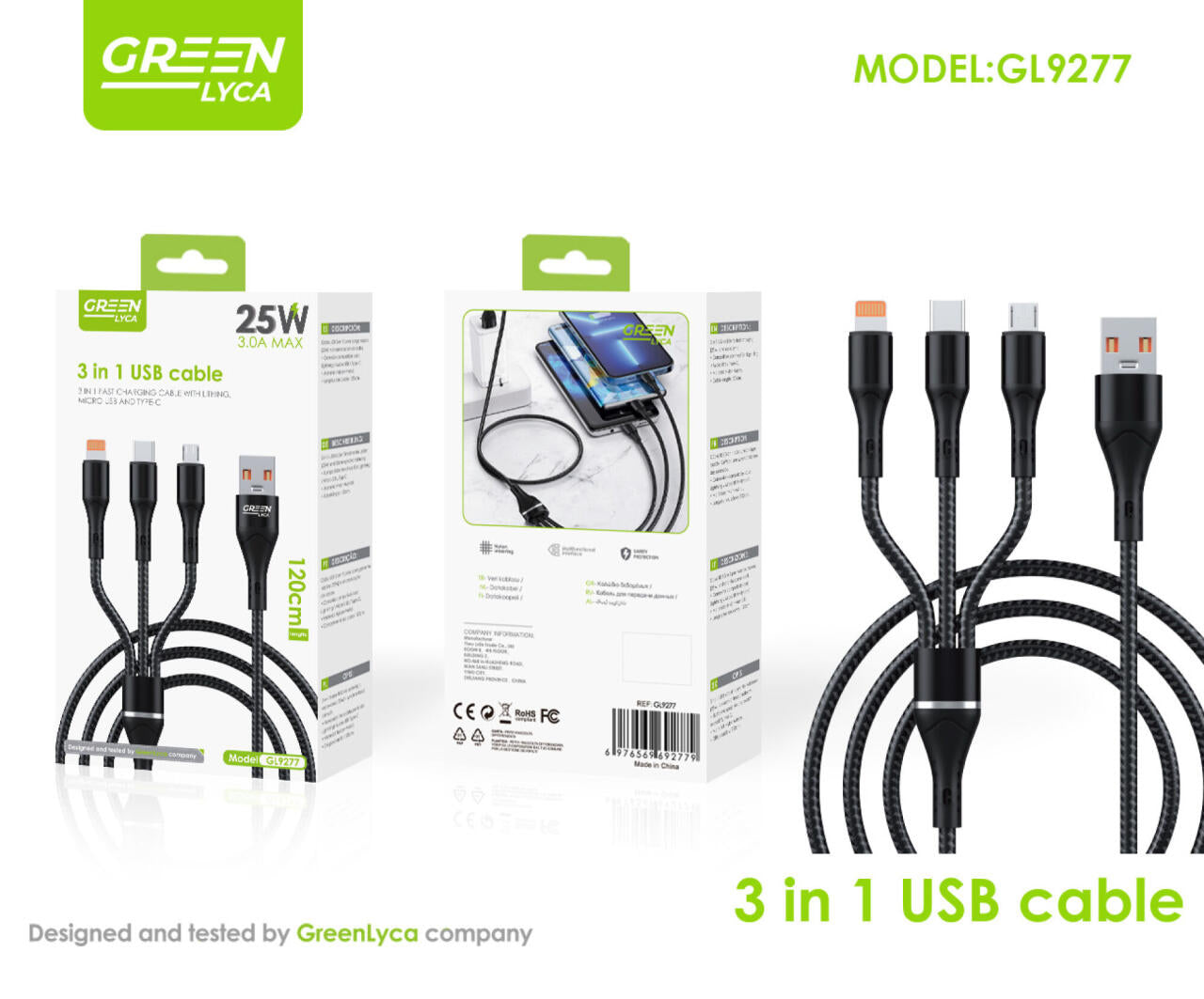 Cable USB 3 en 1 de carga rapida 25 W, lithing/microUBS/tipo-C, sincronizacion de datos, Green Lyca gl9277