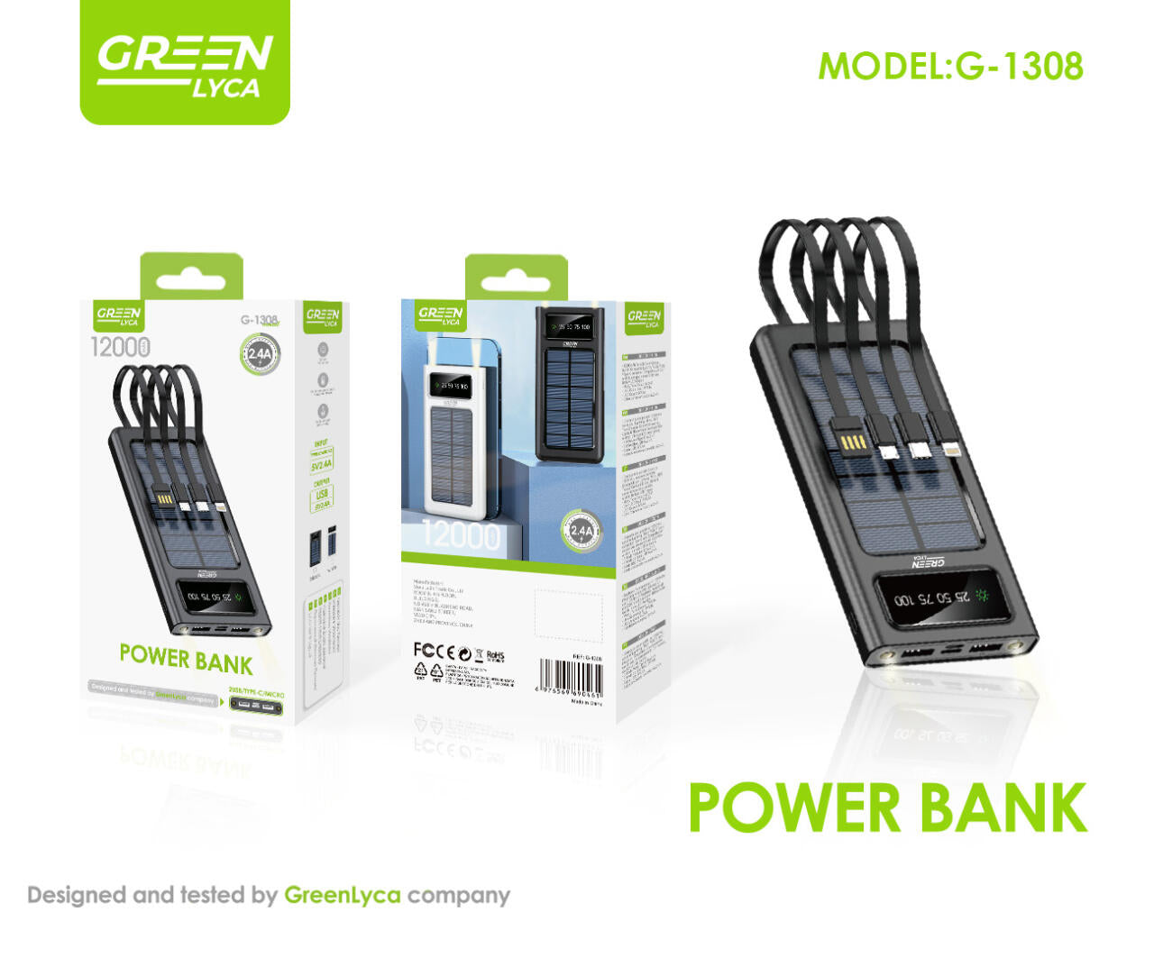 Powerbank, panel Solar, 12000mAh, con Múltiples Conectores, Green Lyca