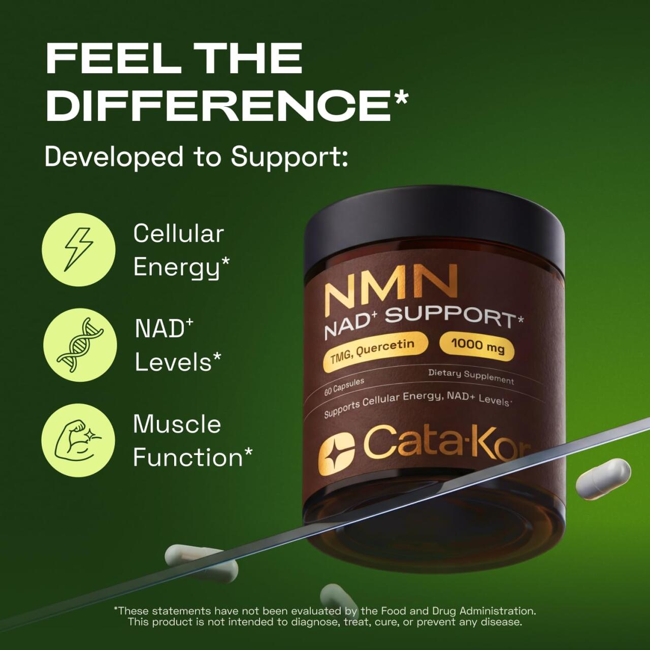 Cata-Kor Suplemento NMN - Suplemento NAD 4 en 1 con quercetina | TMG | Resveratrol - Alternativa NMNH -