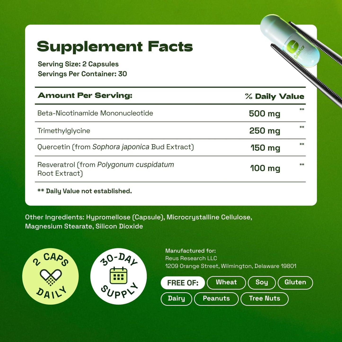 Cata-Kor Suplemento NMN - Suplemento NAD 4 en 1 con quercetina | TMG | Resveratrol - Alternativa NMNH -