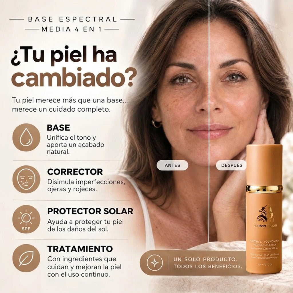 Base Espectral Media 4 en 1 – Impermeable, Larga Duración, SPF50 y Cobertura Total