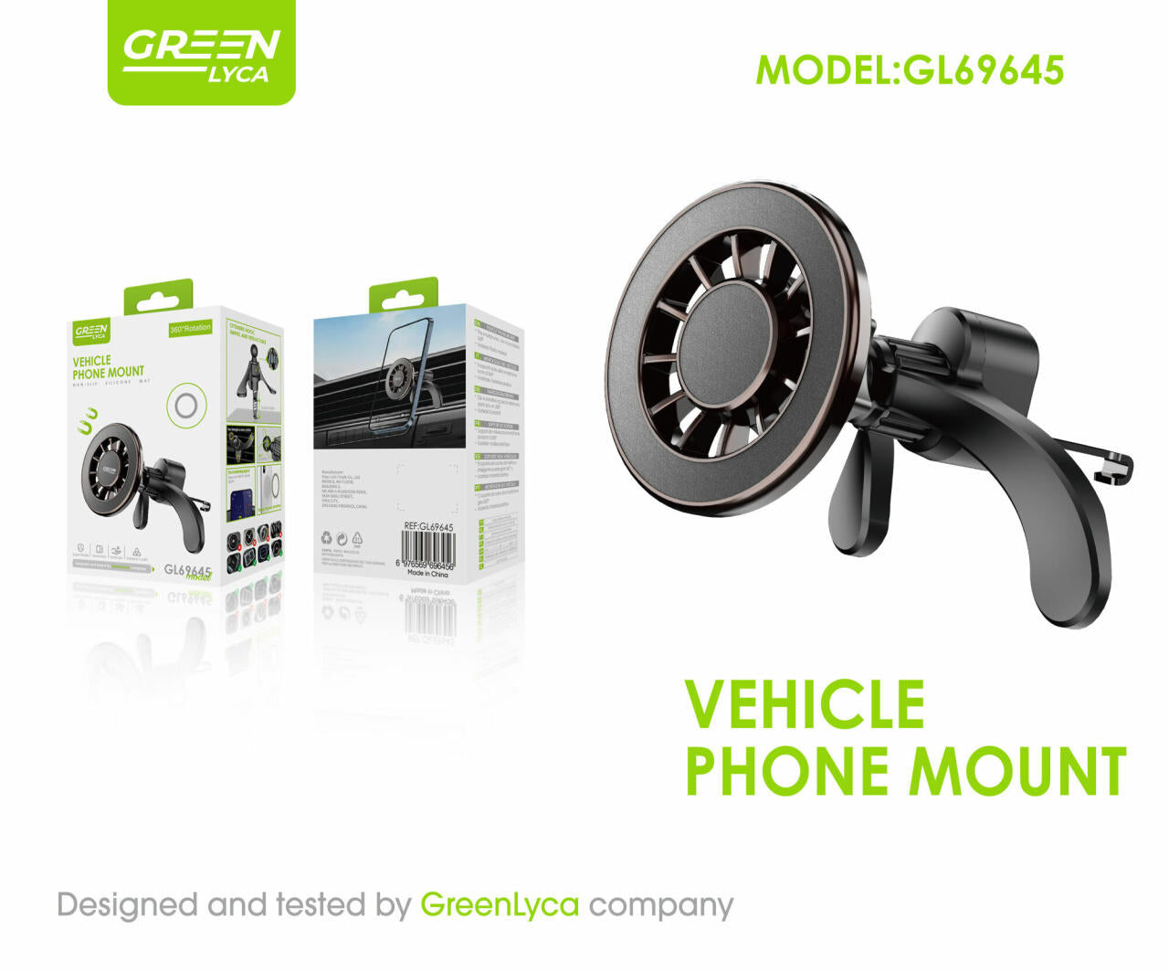 Soporte por ventilación de móvil magnetico para coche, rotación de 360°, Green Lyca GL69645