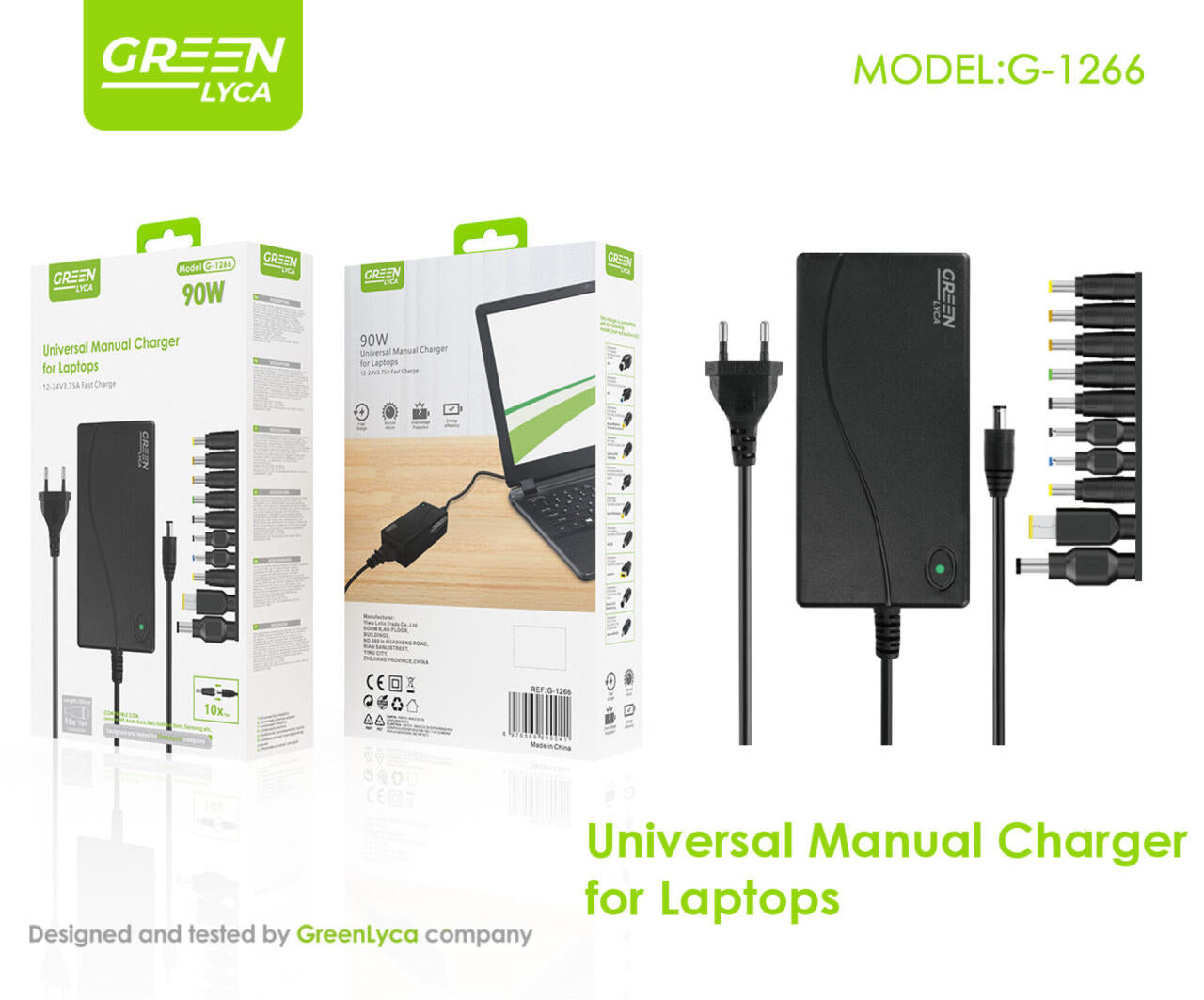 Cargador universal portátil, 90 W, Green Lyca G-1266