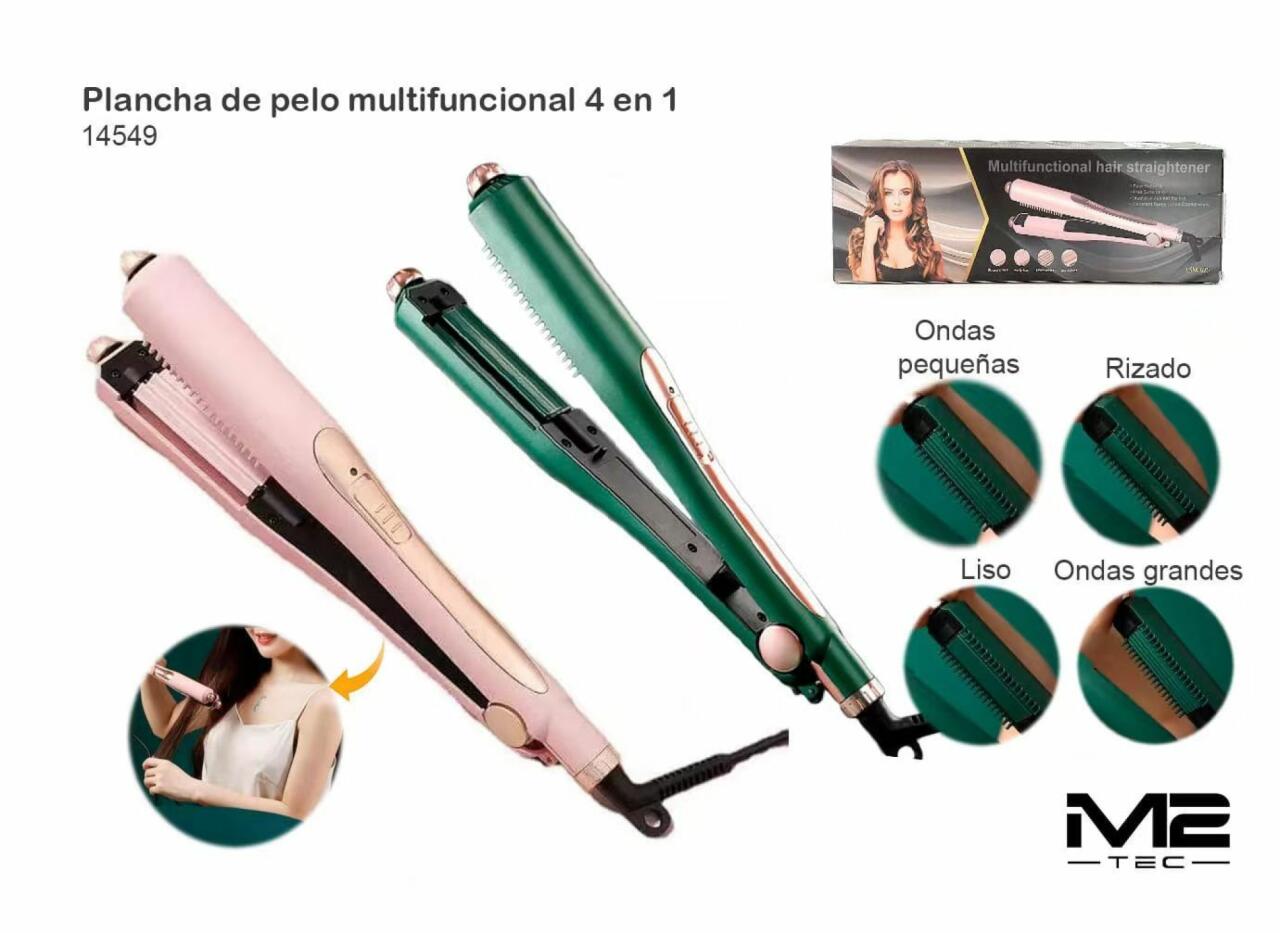 Plancha de Pelo Multifuncional 4 en 1 Rosa y Verde Profesional