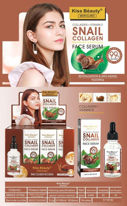 Sérum Facial Colágeno + Vitamina e + Caracol 30ML Kiss Beauty – Rejuvenecimiento y Luminosidad Intensiva