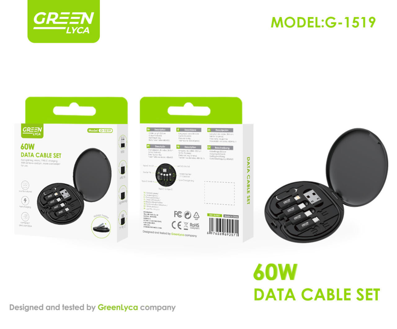 Set de cable de datos, 5 A, 480 Mbs, Tipo-C/MicroUBS/USB/Lightning. Green Lyca  G-1519