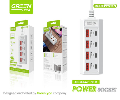 Cargador 25W, 4xC-port 4A, 4xUSB 3A, Green Lyca GL70120