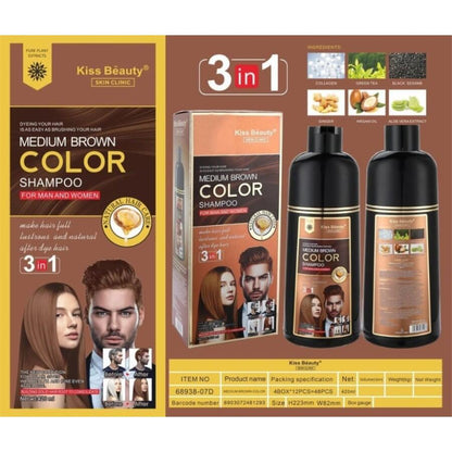 Champu 3 En 1 Castaño Medio Unisex 420ml. Kiss Beauty