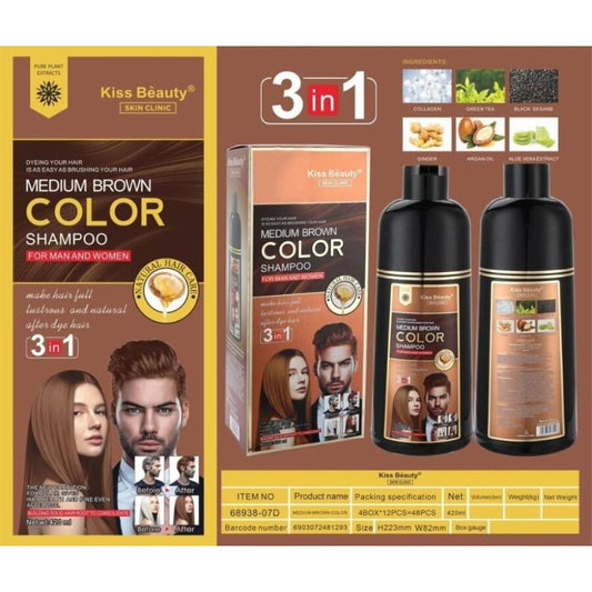 Champu 3 En 1 Castaño Medio Unisex 420ml. Kiss Beauty