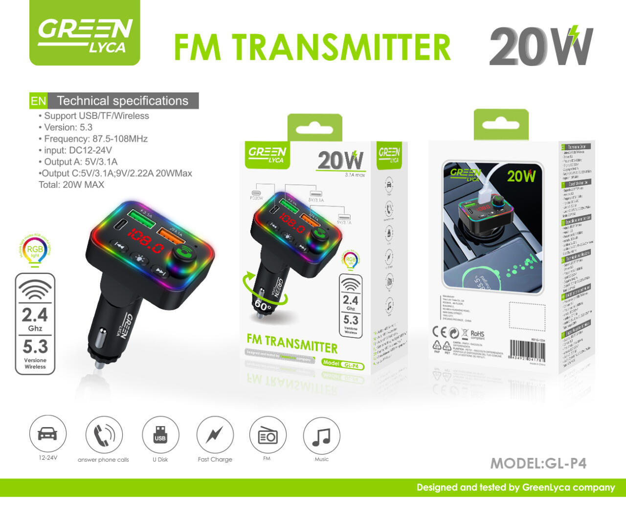 Cargador de coche P4 con puertos 2 UBS y tipo C, FM, Green Lyca G-1234
