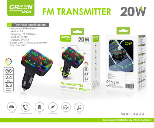 Cargador de coche P4 con puertos 2 UBS y tipo C, FM, Green Lyca G-1234