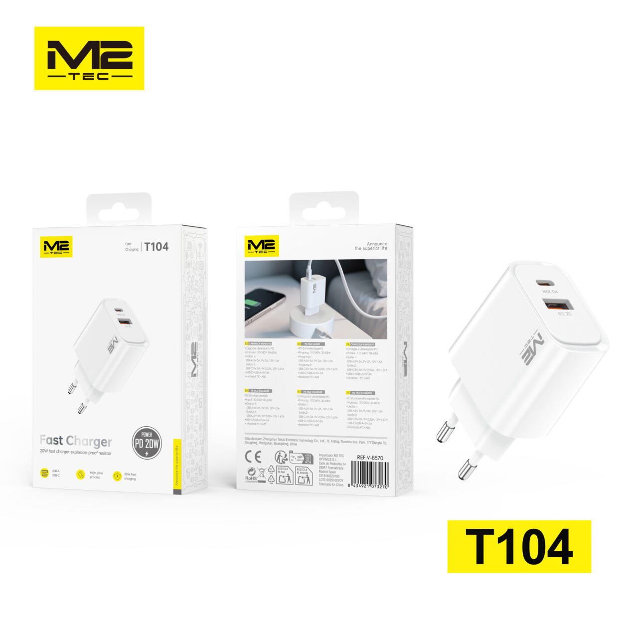 Cargador USB-A + USB-C, 20 W, M2TEC
