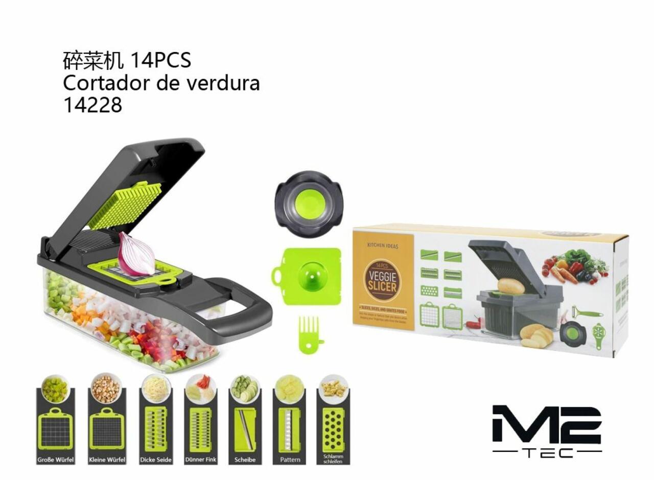 Cortador de Verduras 14 Pcs con Recipiente – Multifunción Profesional para Cocina Rápida