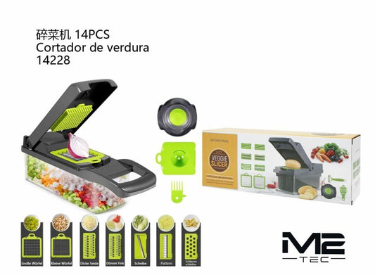 Cortador de Verduras 14 Pcs con Recipiente – Multifunción Profesional para Cocina Rápida