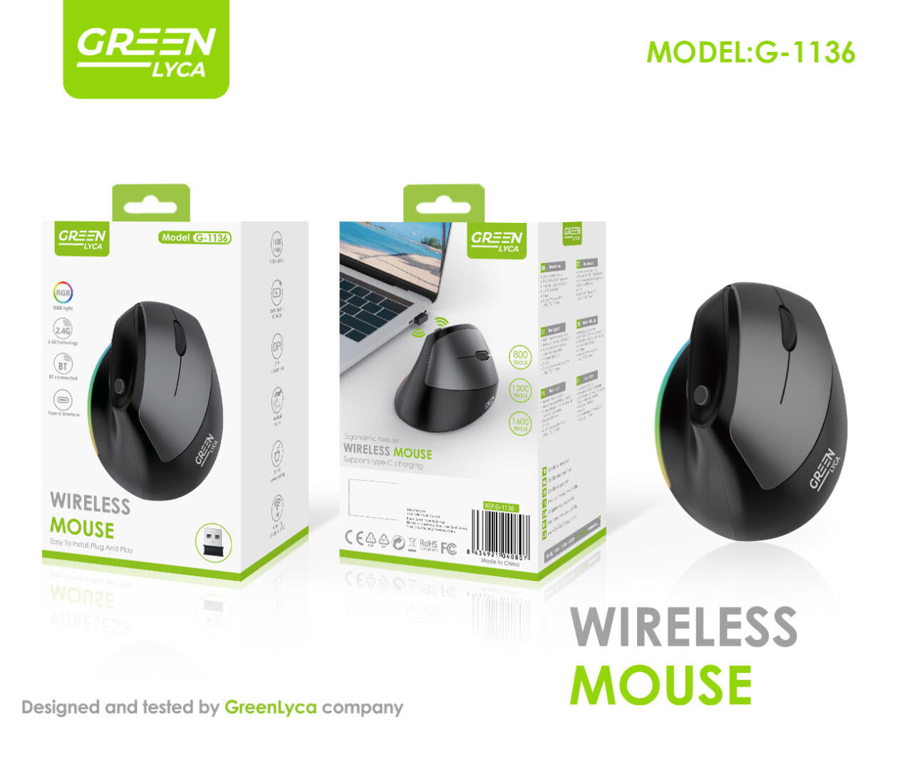 Ratón inalámbrico RGB modo dual con alta precisión Green Lyca G-1136