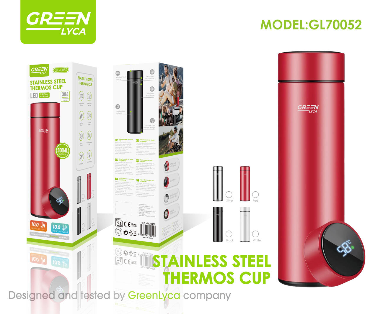 Termo en acero inoxidable 304 interior con capacidad de 500 ml, sensor de temperatura y filtro para té, Green Lyca GL70052