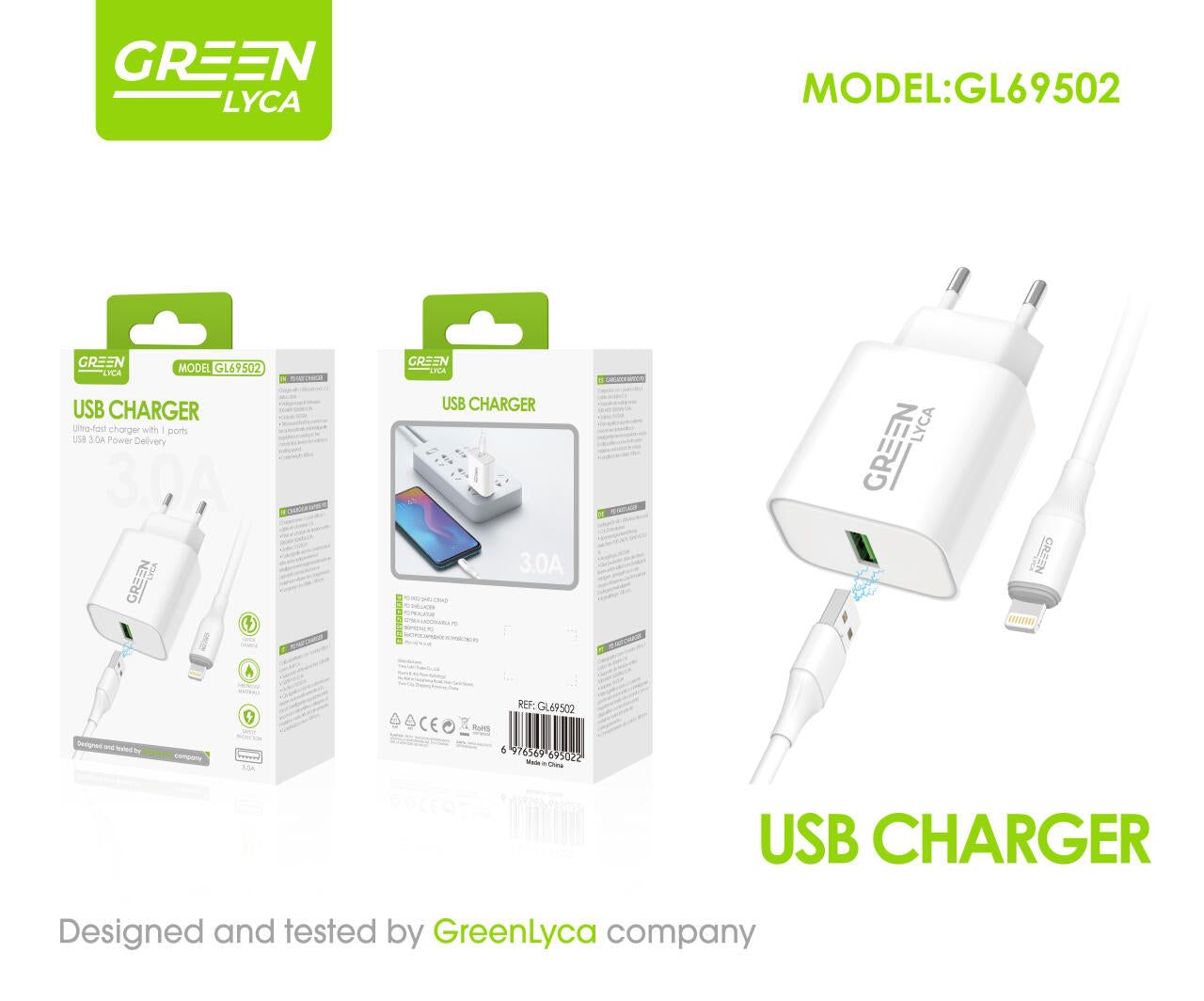 Cargador 3.0A con cable USB-L 100cm