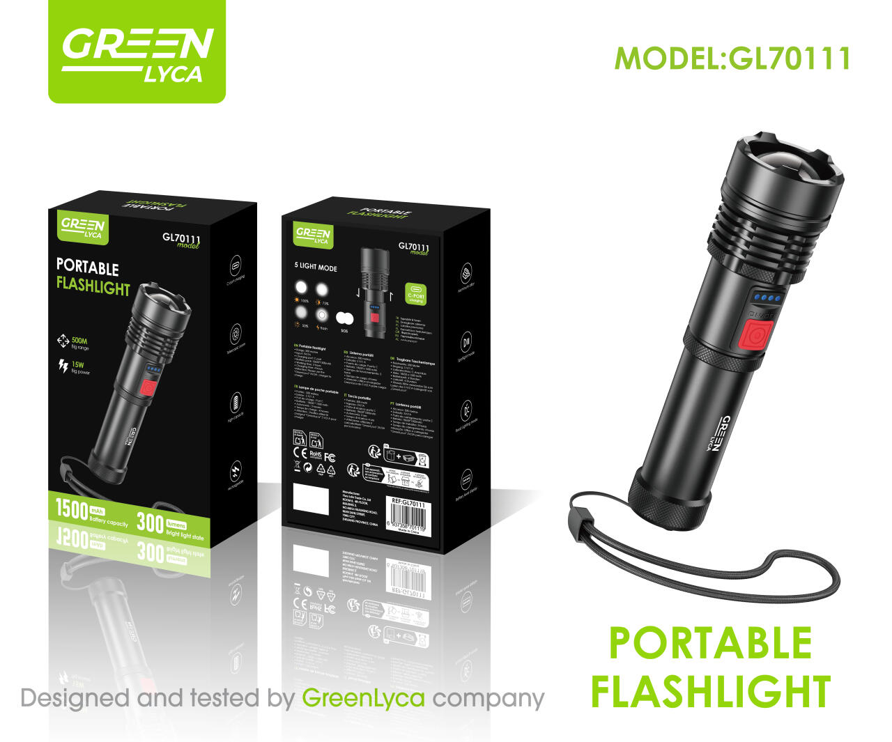 Linterna portátil, zoom telescópico, 300 Lumens,15 W, 1500 mAh, Green Lyca, GL70111.