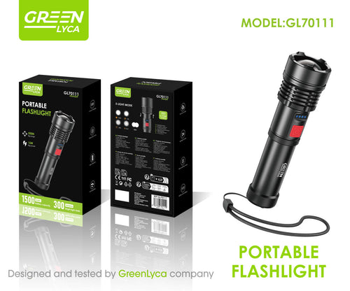 Linterna portátil, zoom telescópico, 300 Lumens,15 W, 1500 mAh, Green Lyca, GL70111.