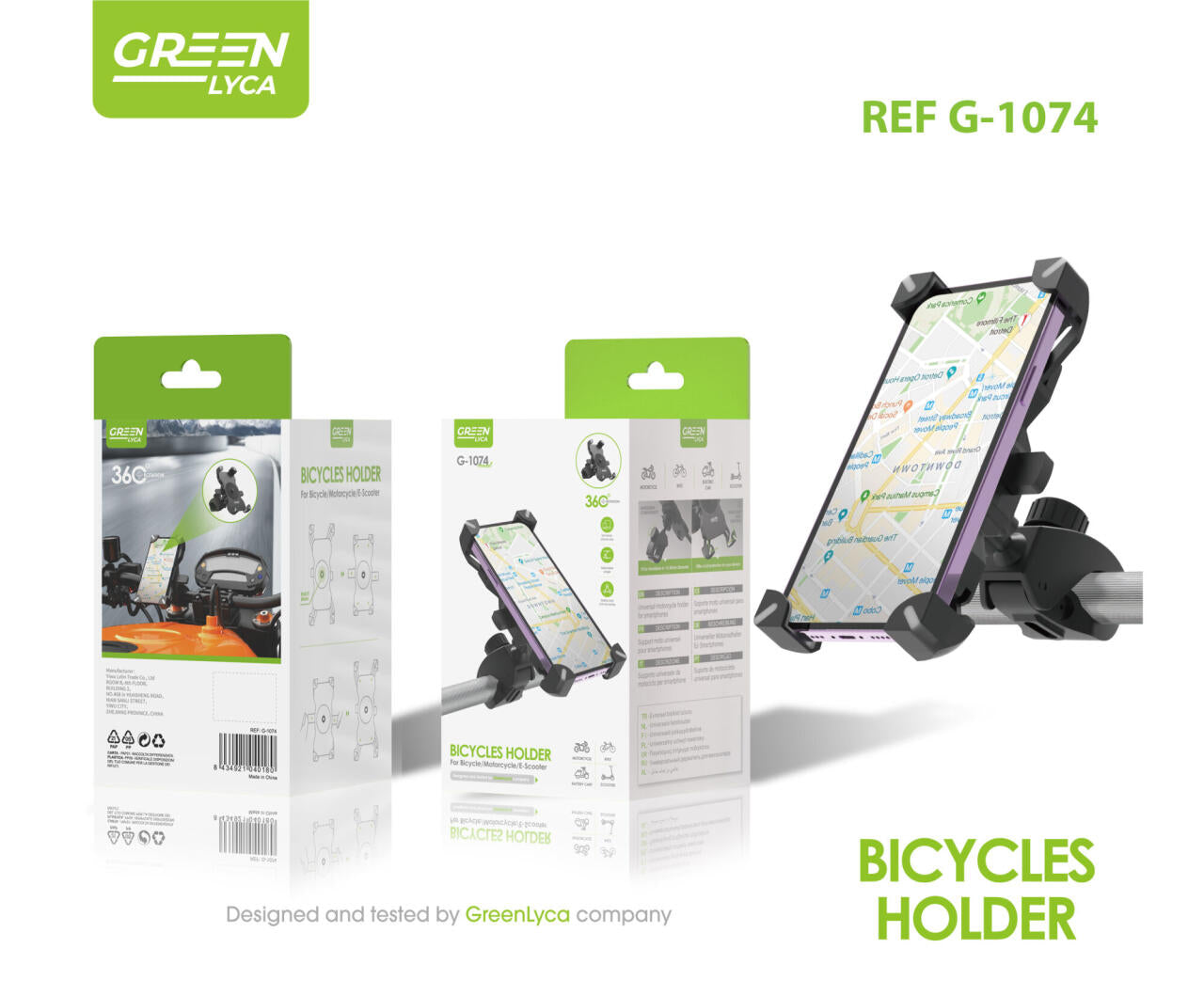 Soporte de moto y bicicleta universal para smartphone, Green Lyca, G-1074