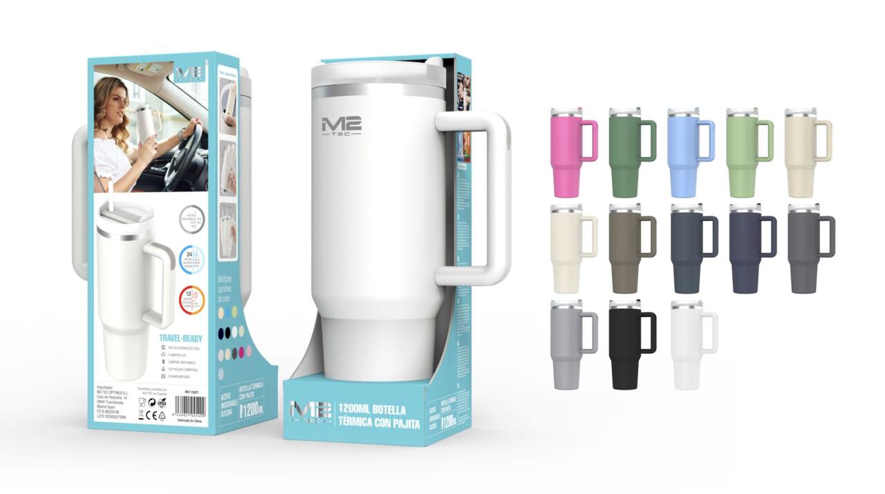 Botella Termo 1200 ml – Taza Térmica de Acero Inoxidable con Pajita, Aislamiento de Doble Pared, 100% a Prueba de Fugas