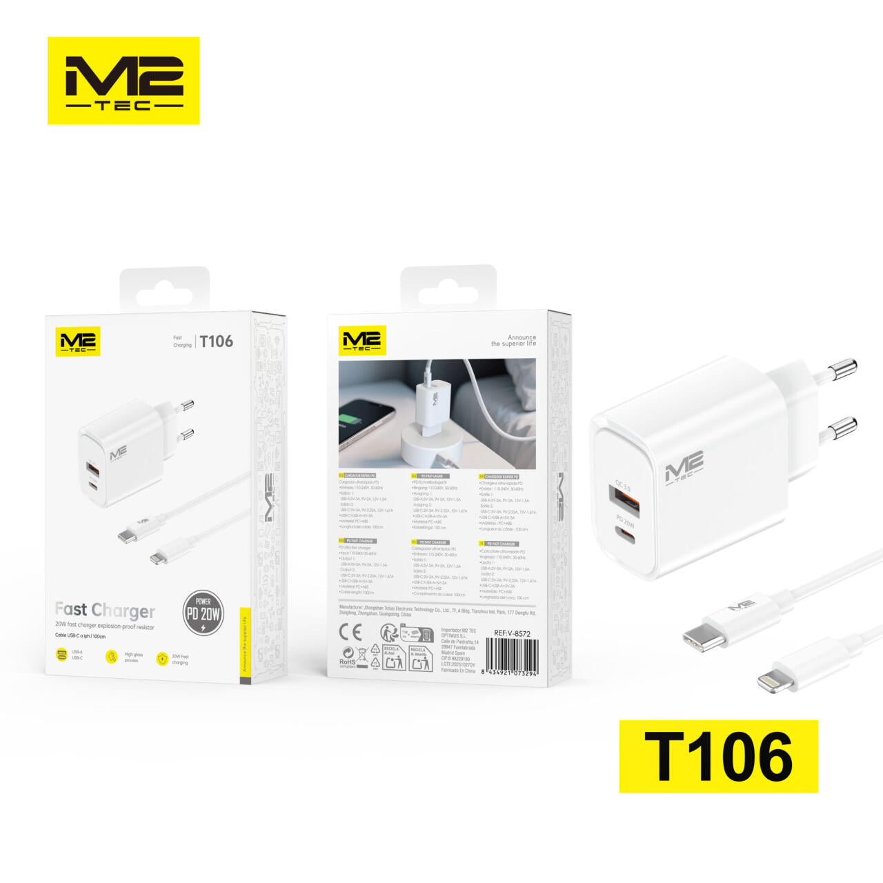 Cargador USB-A + USB-C, 20 W, con cable USB-C a lightning 100cm, M2TEC