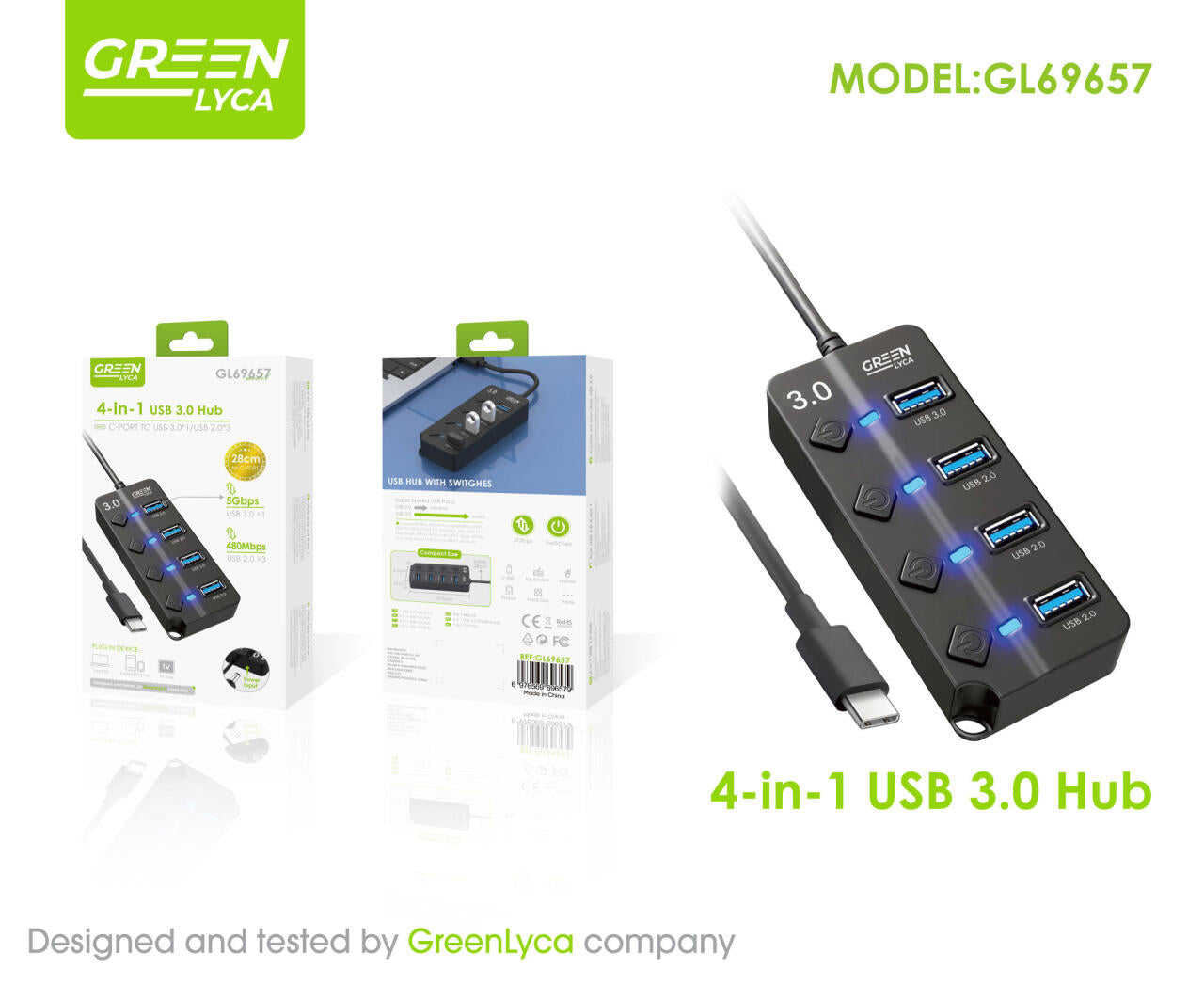 UBS HUB 4 EN 1/ CON INTERRUCTORES ON/OFF, USB 3.0 X 1, UBS 2.0 X 3, Green Lyca gl69657