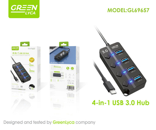 UBS HUB 4 EN 1/ CON INTERRUCTORES ON/OFF, USB 3.0 X 1, UBS 2.0 X 3, Green Lyca gl69657
