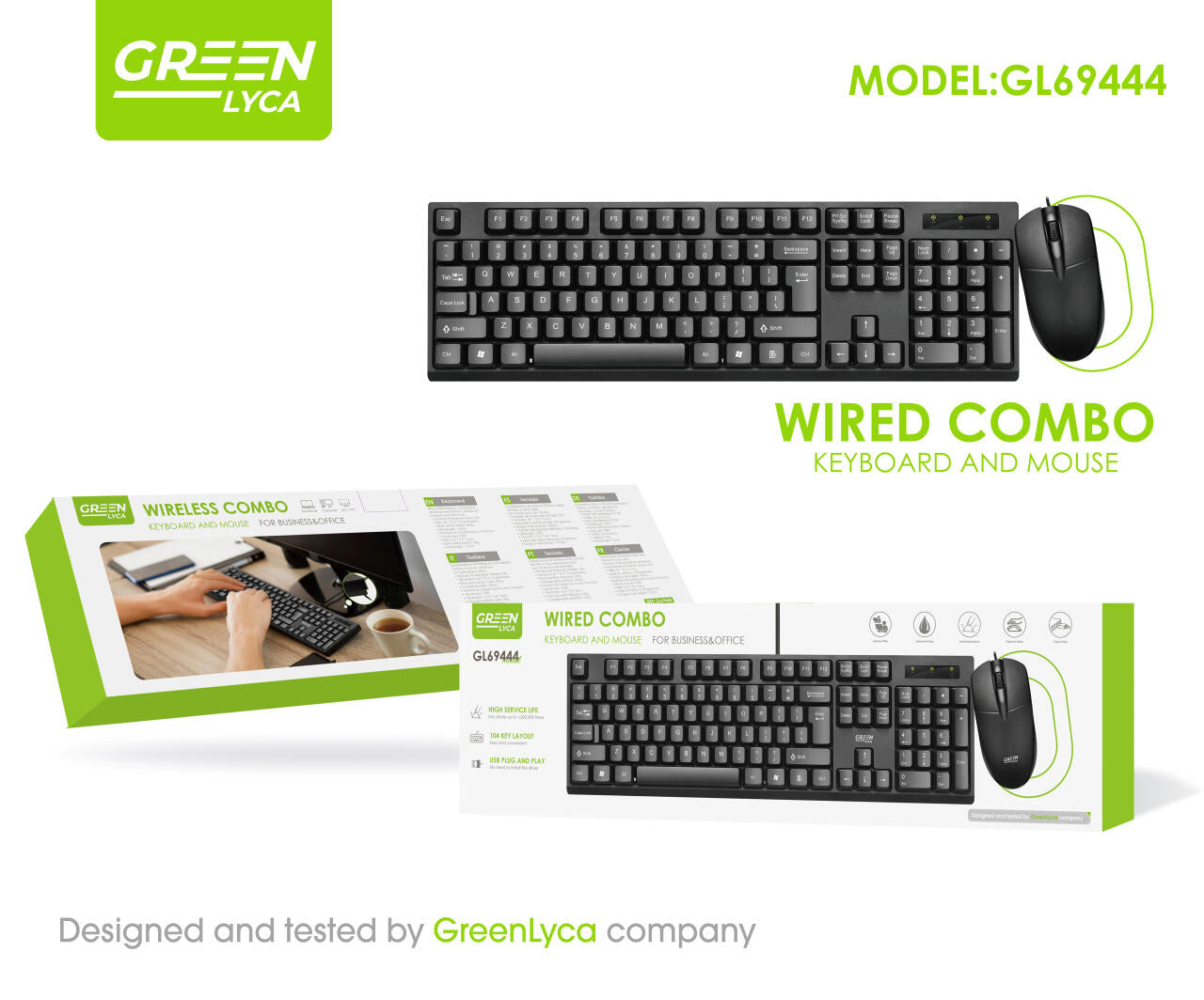 Kit de teclado y ratón ergonómicos para uso diario, Green Lyca GL69444