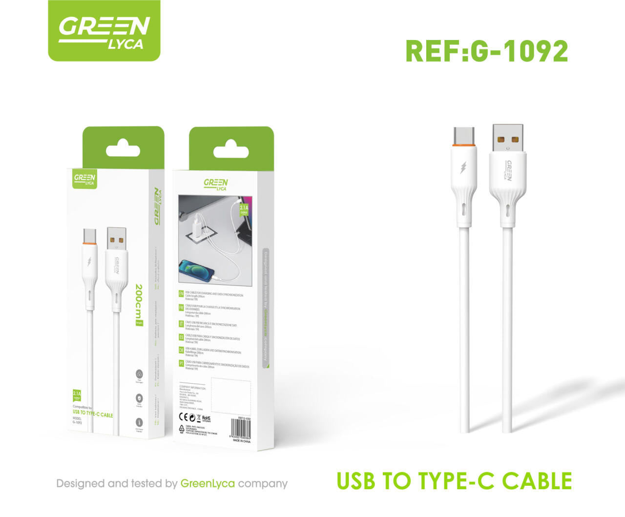 Cable 2,1A Usb To Usb C 200 Cm