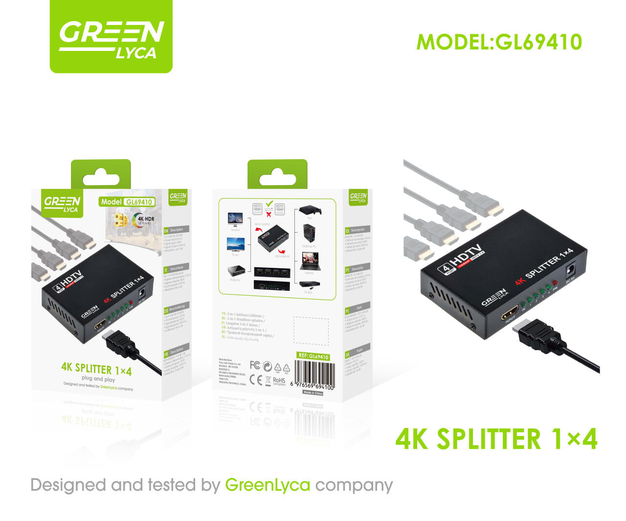 Divisor HDMI 1 en 4, salidas divisor de vídeo HDMI Full HD 1080P, interruptor HDMI para PC PS3/4 proyector HDTV, GL69410