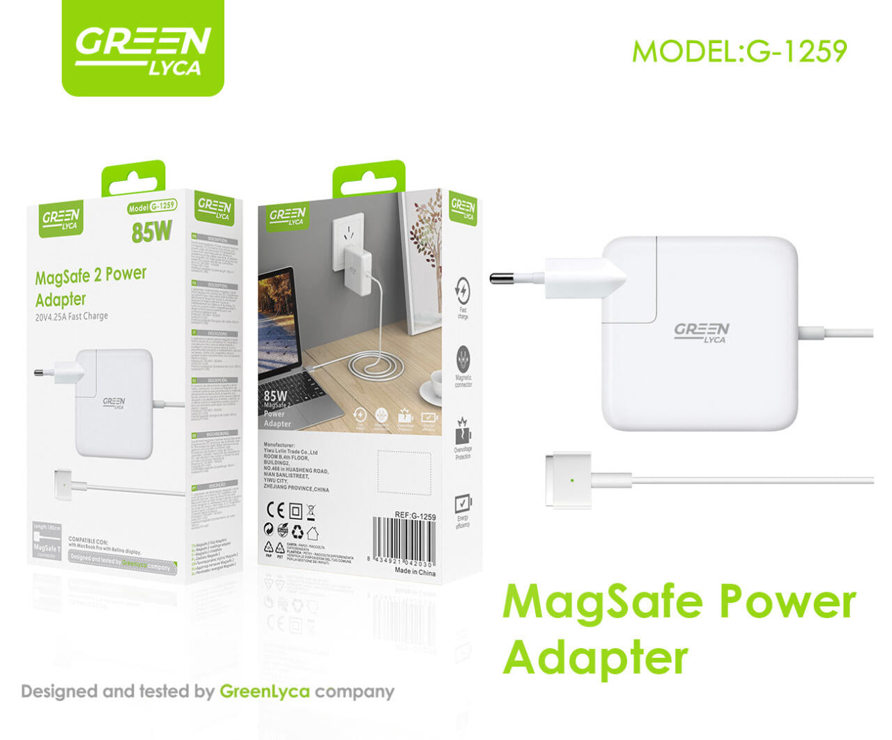 Green Lyca Cargador de Laptop 85W 20V 4.25A para Apple con Cable Desmontable