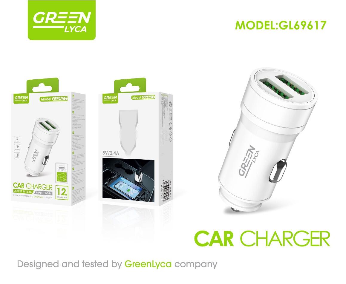 Cargador de móvil para enchufe estándar de encendedor, USB dual 2,4 A, 12 W para carga eficiente, Green Lyca GL69617.