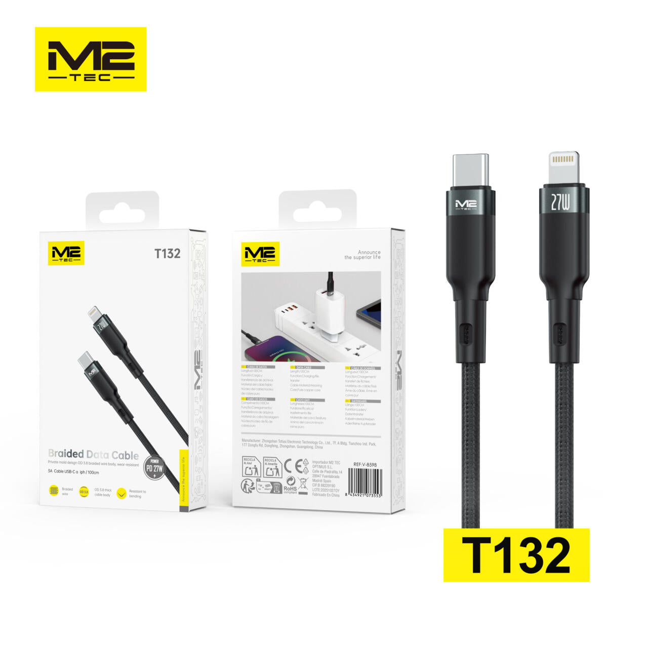 Cable USB-A a Lightning, 27W, 1M, M2TEC