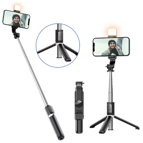 Trípode y selfie para móviles, control remoto Bluetooth, con rotación de 360°, 1040 mm de longitud, con luz, Q02S