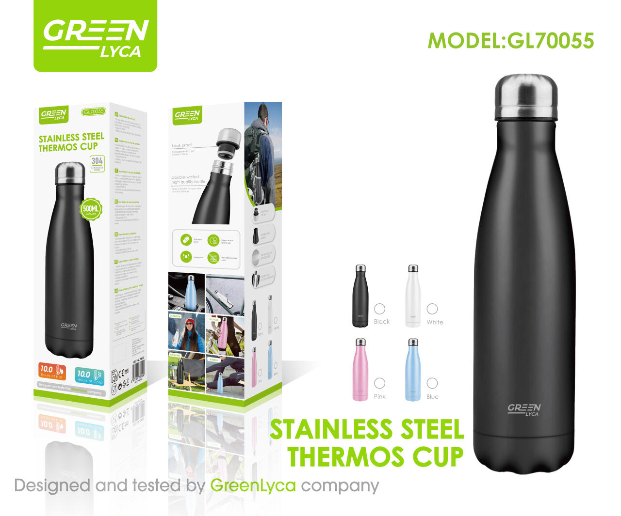 Termo en acero inoxidable 304 interior con capacidad de 500 ml, Green Lyca gl70055