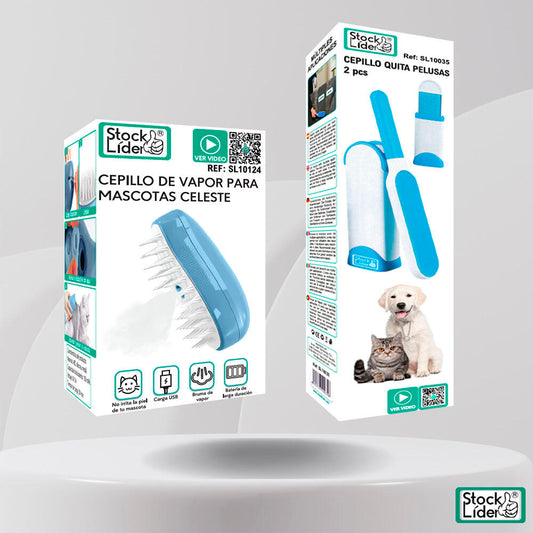 Pack Cepillo Mascotas Celeste Y Cepillo Quitapelusas