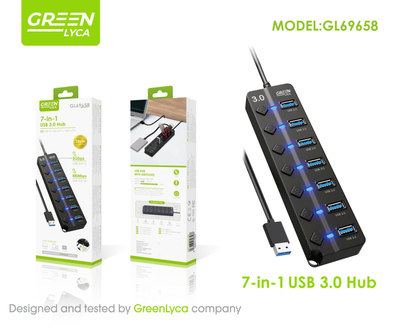 UBS HUB 7 EN 1/ CON INTERRUCTORES ON/OFF, USB 3.0 X1, UBS 2.0 X6, Green Lyca gl69658