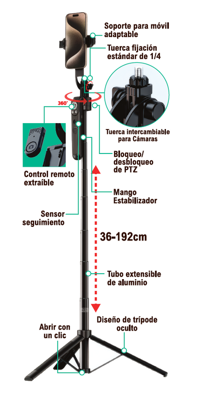 Palo selfie inteligente con seguimiento facial