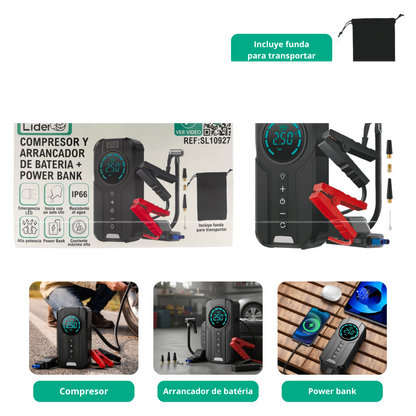 Compresor y arrancador de batería + power bank