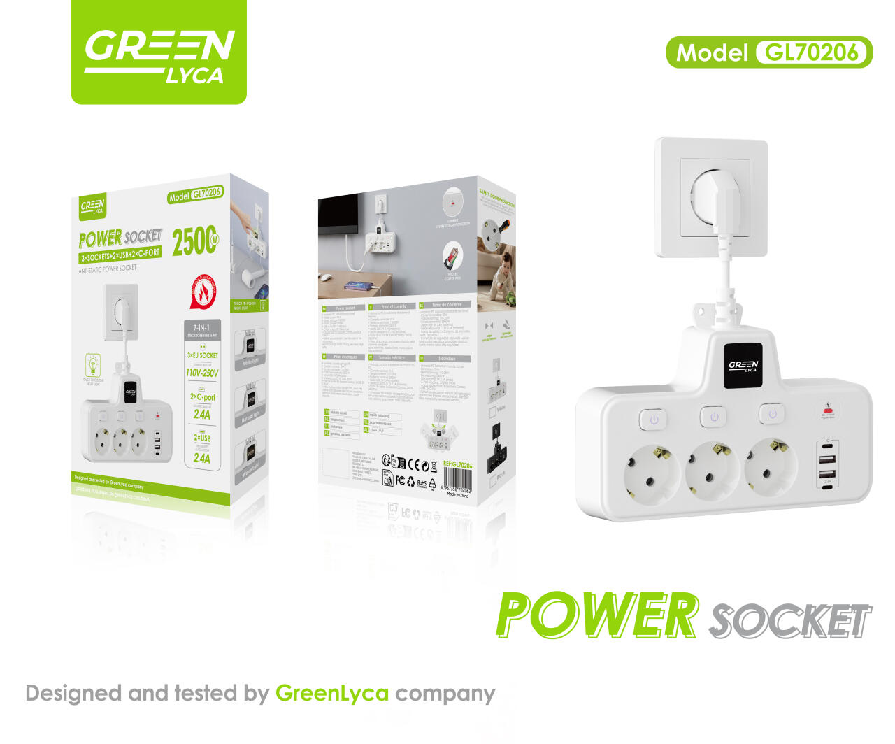 Toma de Corriente 2500W – 3 Enchufes EU + 2 USB 2.4A + 2 Puertos C 2.4A, Anti-Estatic