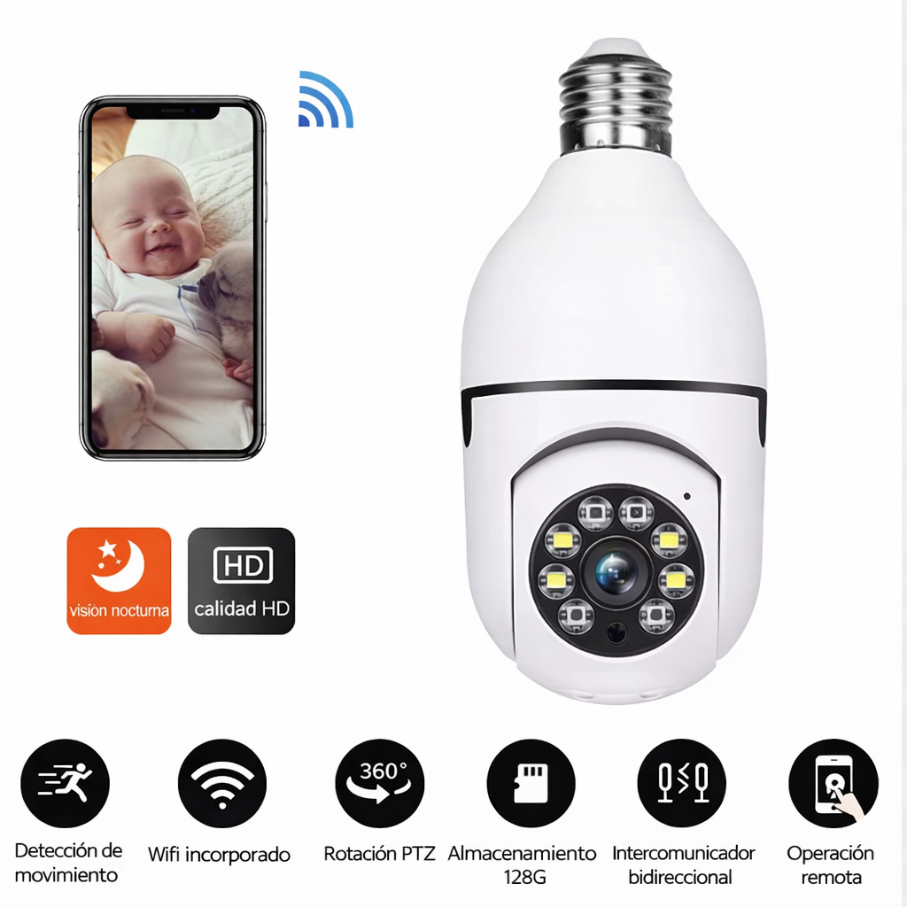 Camara de Seguridad WiFi Tipo Bombilla 360° HD con Visión Nocturna